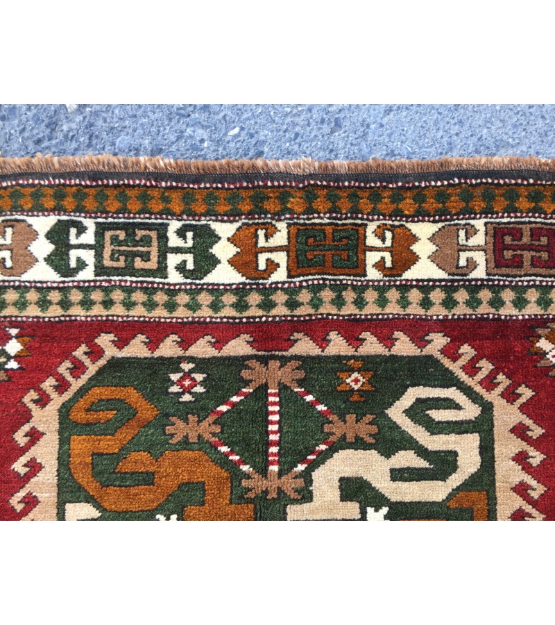 6x8 geometric rug, red green rug, Turkish rug, Oriental rug,5'6 X 8'2 Handmade rug