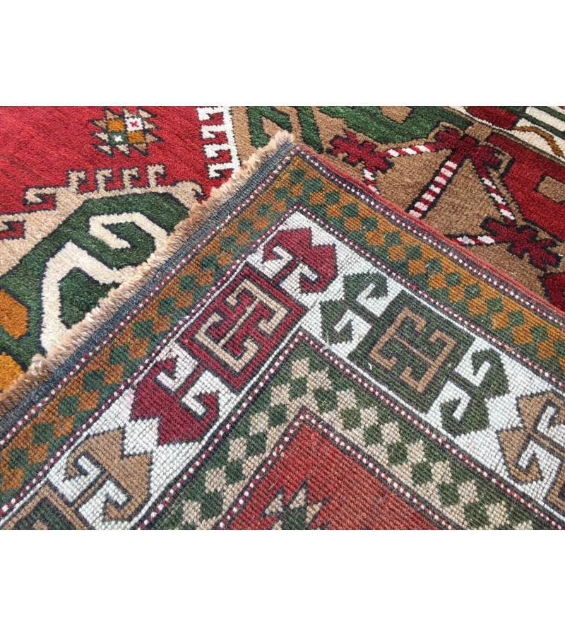 6x8 geometric rug, red green rug, Turkish rug, Oriental rug,5'6 X 8'2 Handmade rug