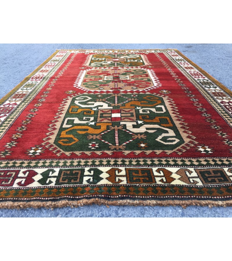 6x8 geometric rug, red green rug, Turkish rug, Oriental rug,5'6 X 8'2 Handmade rug