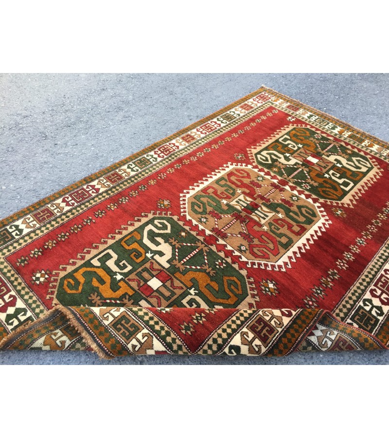 6x8 geometric rug, red green rug, Turkish rug, Oriental rug,5'6 X 8'2 Handmade rug