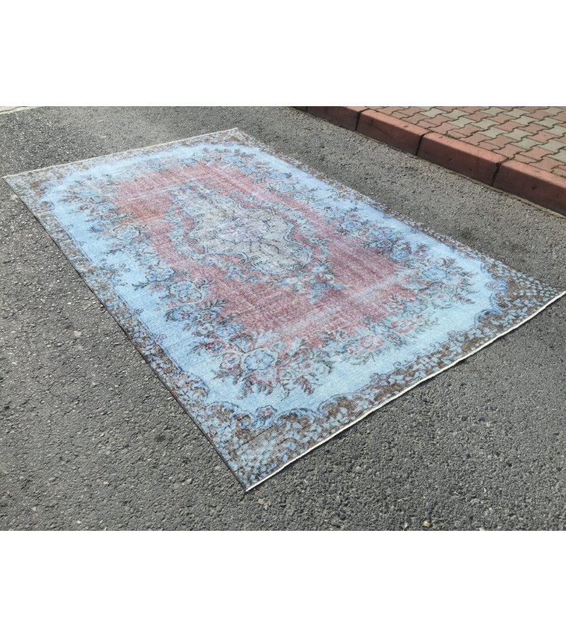 6x9 Turkish rug, Oriental rug, Handmade rug , 6' X 9'5 red blue living room rug