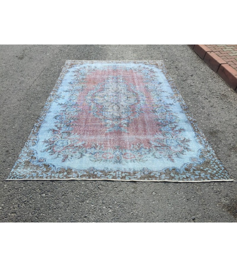 6x9 Turkish rug, Oriental rug, Handmade rug , 6' X 9'5 red blue living room rug 