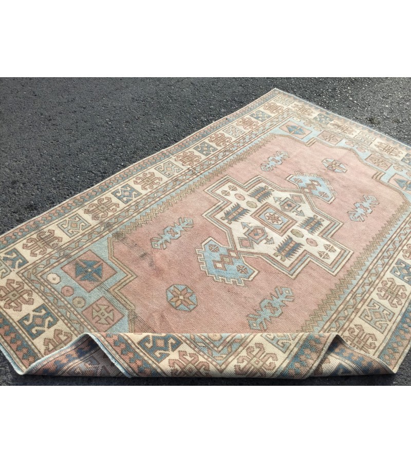 5x8 retro bedroom rug, pastel red beige blue rug, geometric rug, kitchen rug, 4'10 X 7'7 Handmade rug