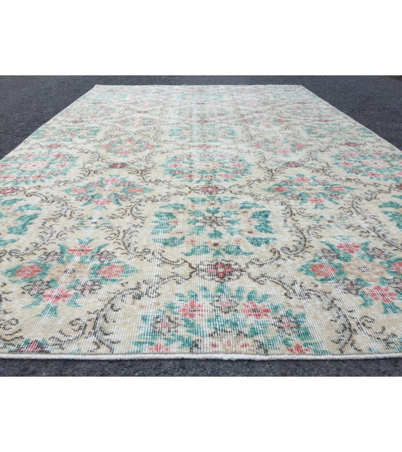 5x8 beige green kitchen rug, Turkish retro rug, Handmade rug , 5'5 X 8'4 wool rug