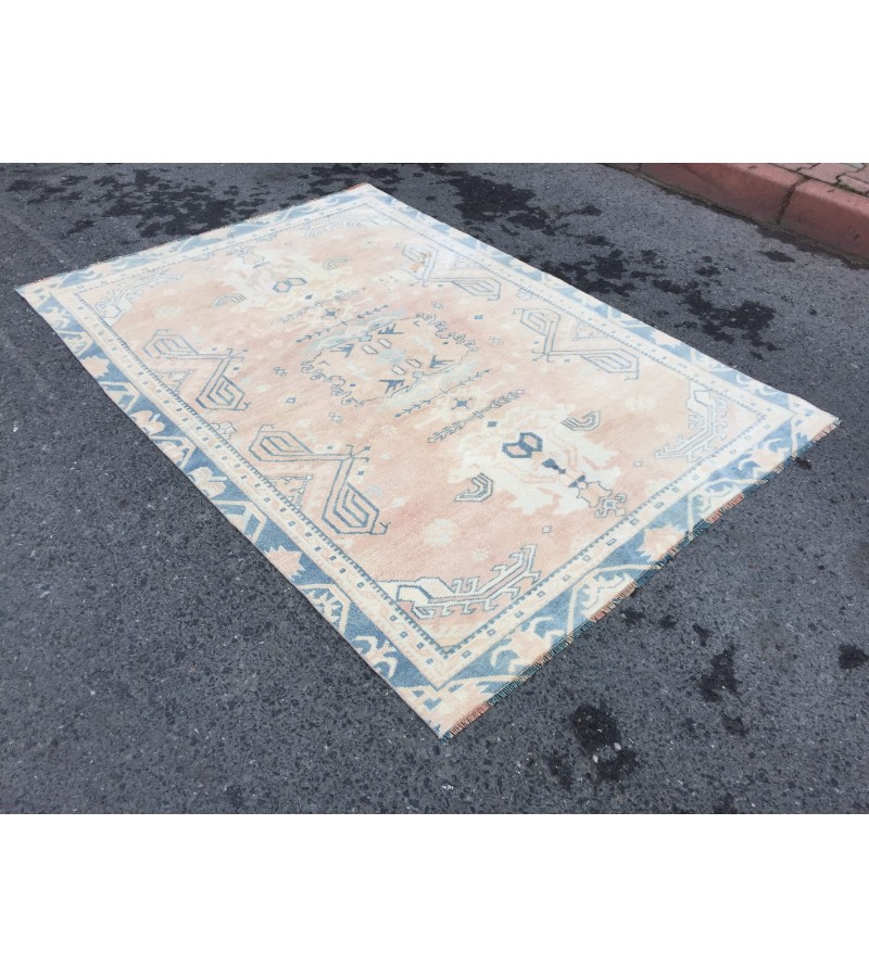 5x7 geometric Oushak rug, hand knotted rug ,70s rug , Repaired 4'10 X 6'9 rug for living room