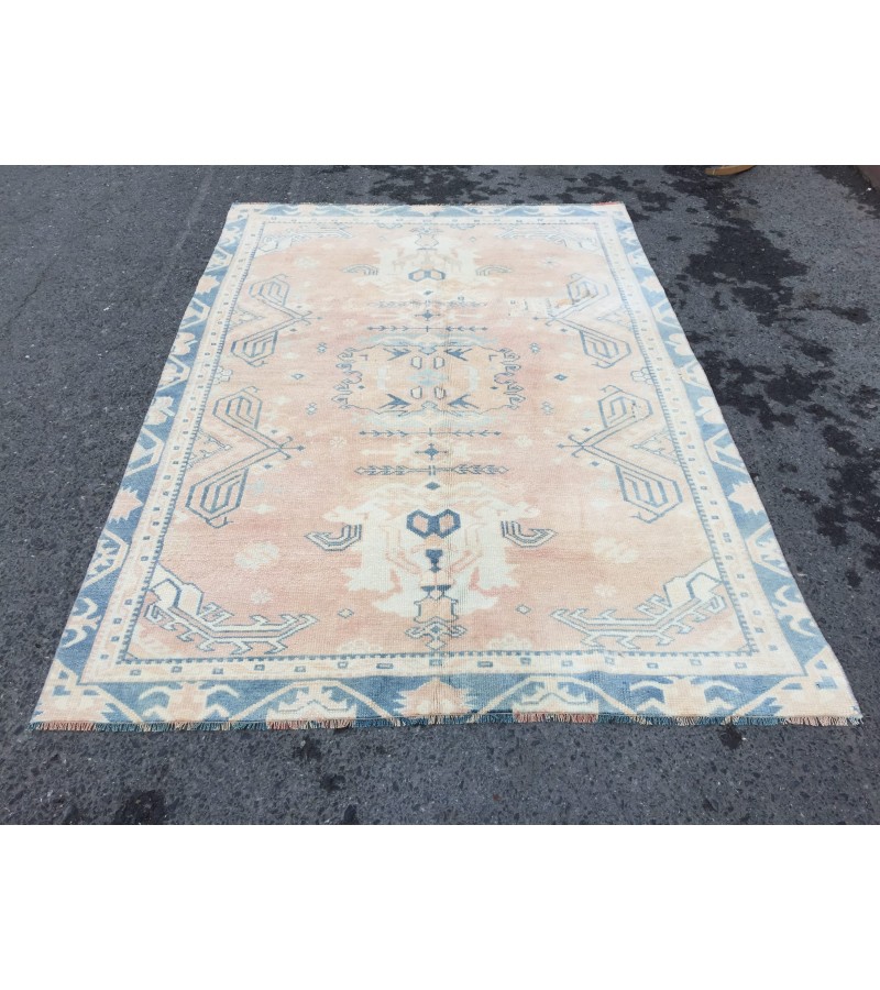 5x7 geometric Oushak rug, hand knotted rug ,70s rug , Repaired 4'10 X 6'9 rug for living room