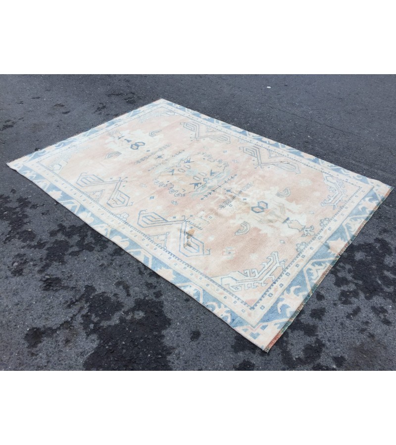 5x7 geometric Oushak rug, hand knotted rug ,70s rug , Repaired 4'10 X 6'9 rug for living room