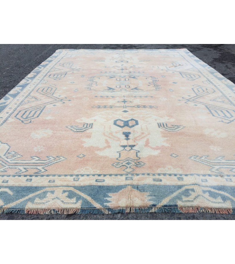 5x7 geometric Oushak rug, hand knotted rug ,70s rug , Repaired 4'10 X 6'9 rug for living room