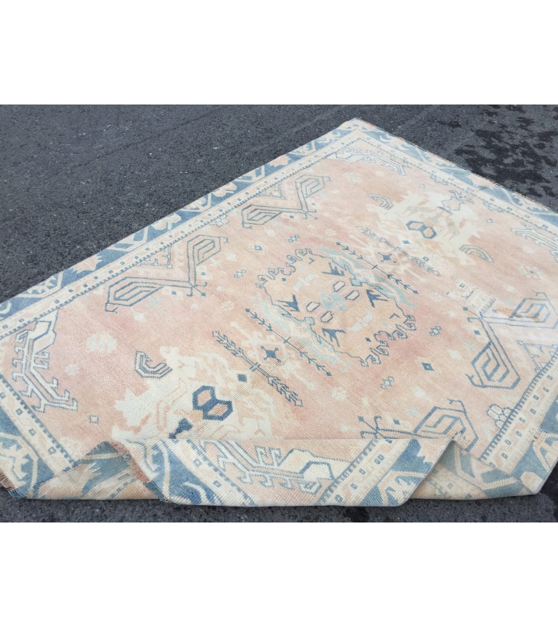 5x7 geometric Oushak rug, hand knotted rug ,70s rug , Repaired 4'10 X 6'9 rug for living room