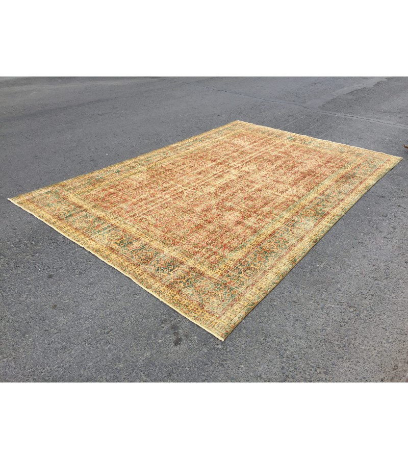 8x11 boho living room rug, distressed red yellow rug, 7'9 X 11'5 vintage area rug