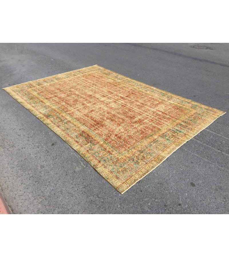 8x11 boho living room rug, distressed red yellow rug, 7'9 X 11'5 vintage area rug