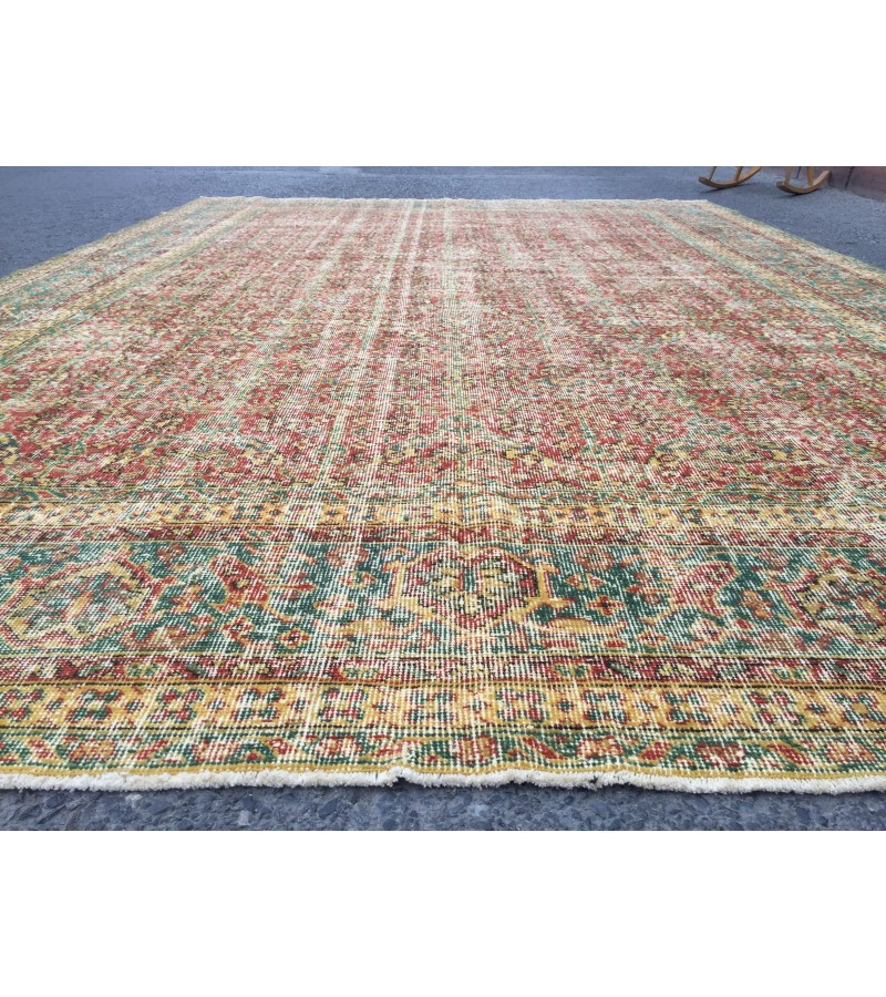8x11 boho living room rug, distressed red yellow rug, 7'9 X 11'5 vintage area rug