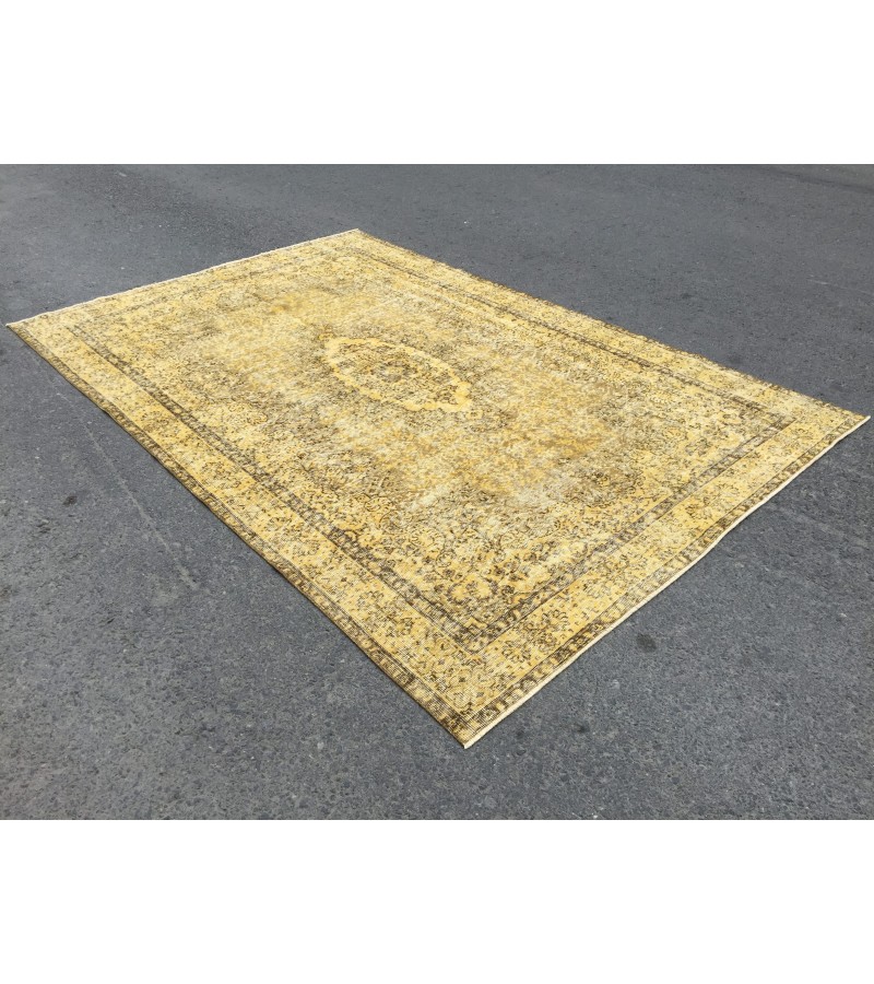 6x10 rustic dining room rug, faded yellow green brown rug, 6'4 X 9'7 retro rug