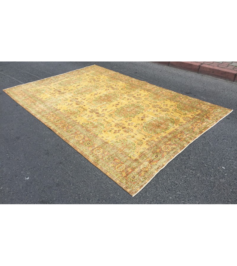 7x10 yellow green bedroom rug, abstract rug, 6'6 X 9'7 hand woven rug, area rug