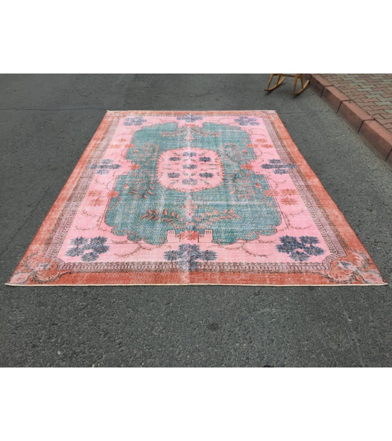 7x10 rug for living room, hand woven rug, , 7'1 X 9'11 Turkish green pink orange area rug