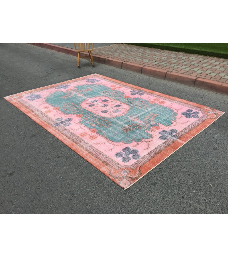 7x10 rug for living room, hand woven rug, , 7'1 X 9'11 Turkish green pink orange area rug