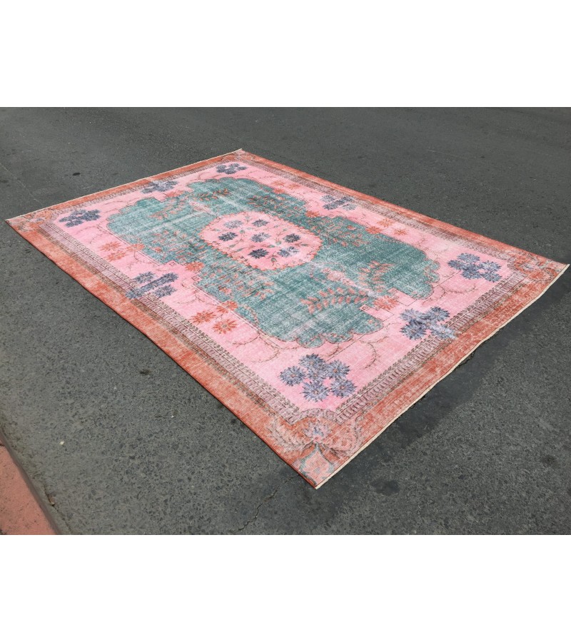 7x10 rug for living room, hand woven rug, , 7'1 X 9'11 Turkish green pink orange area rug