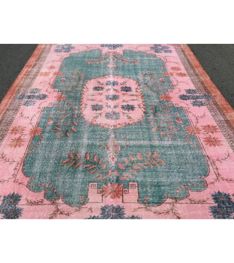 7x10 rug for living room, hand woven rug, , 7'1 X 9'11 Turkish green pink orange area rug