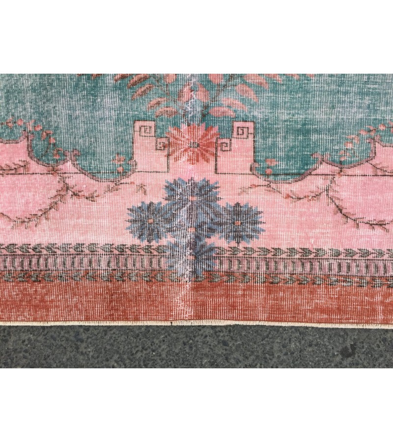 7x10 rug for living room, hand woven rug, , 7'1 X 9'11 Turkish green pink orange area rug