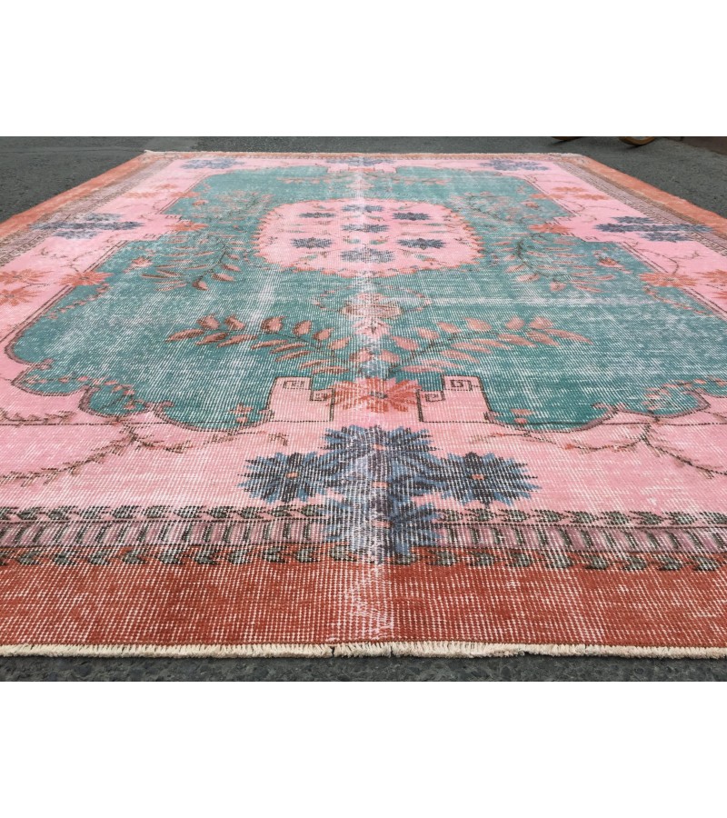 7x10 rug for living room, hand woven rug, , 7'1 X 9'11 Turkish green pink orange area rug