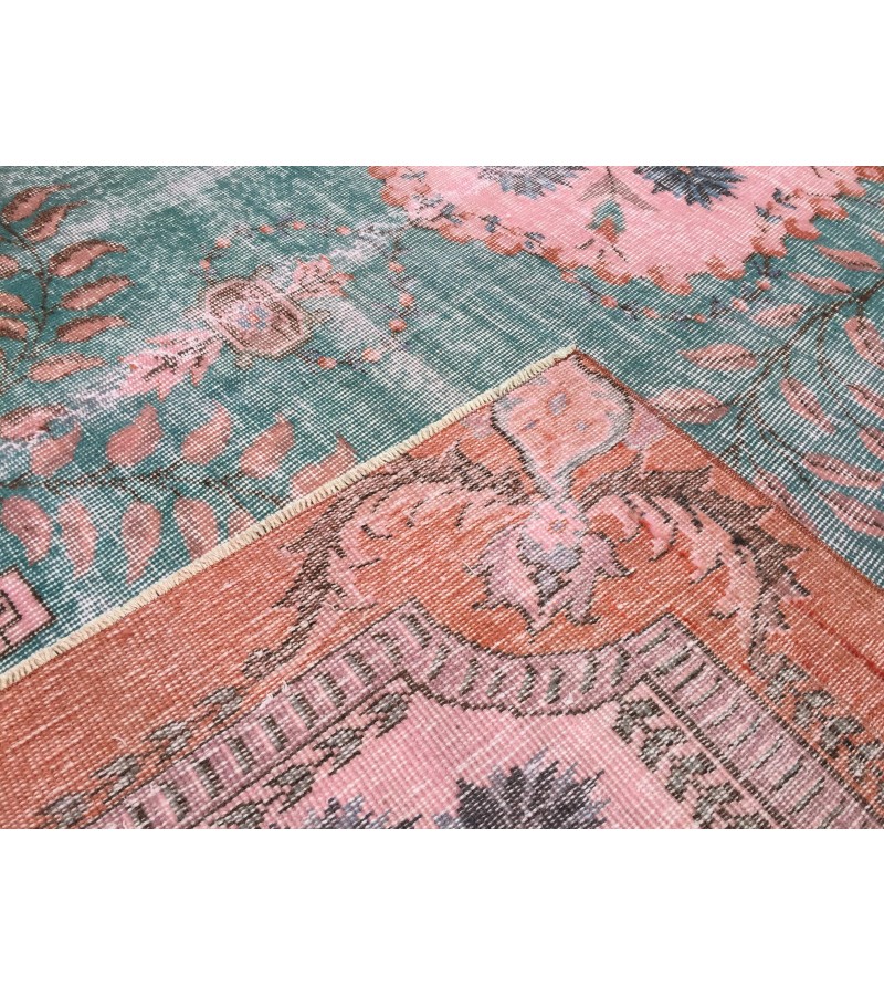 7x10 rug for living room, hand woven rug, , 7'1 X 9'11 Turkish green pink orange area rug
