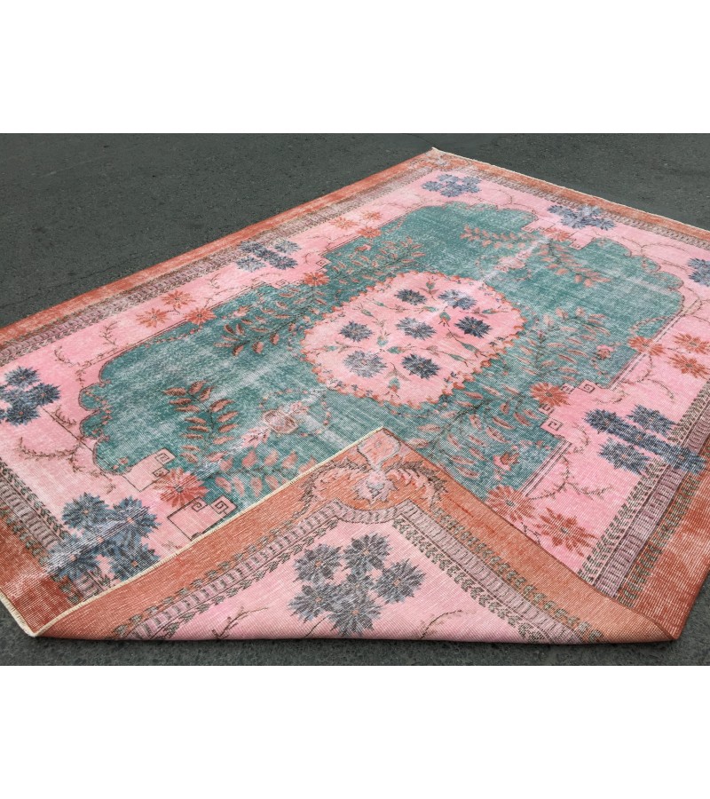 7x10 rug for living room, hand woven rug, , 7'1 X 9'11 Turkish green pink orange area rug
