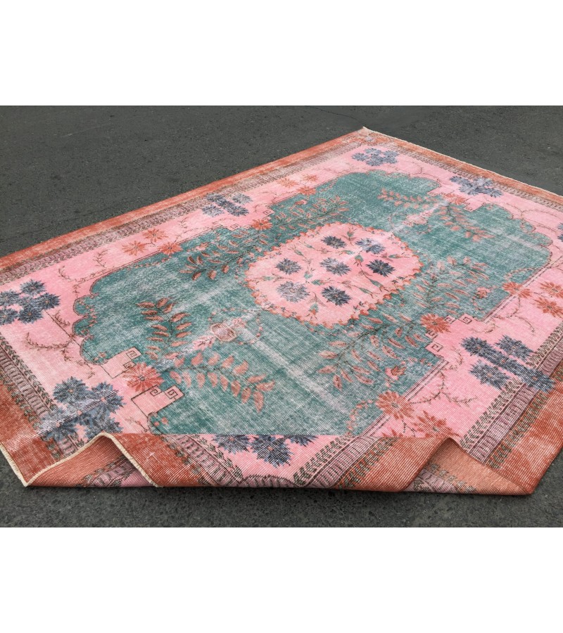 7x10 rug for living room, hand woven rug, , 7'1 X 9'11 Turkish green pink orange area rug