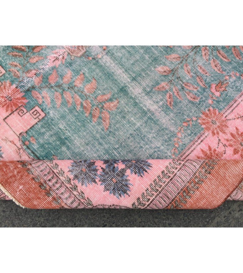 7x10 rug for living room, hand woven rug, , 7'1 X 9'11 Turkish green pink orange area rug