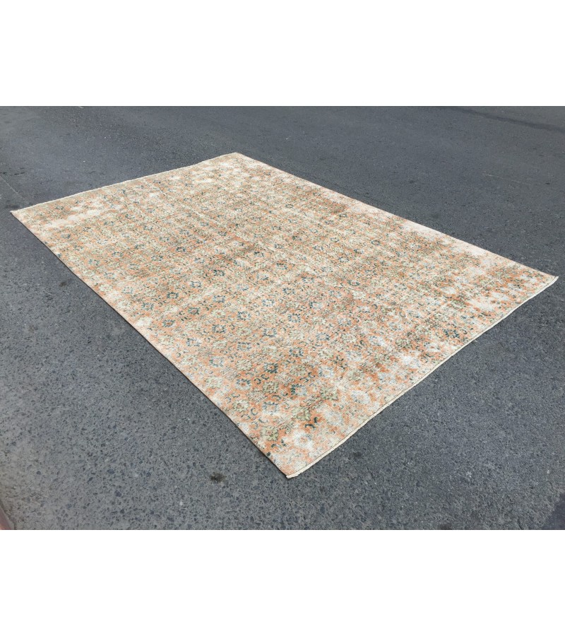 7x10 minimal orange green rug, Vintage rug, 6'8 X 9'7 Bedroom rug, rustic rug