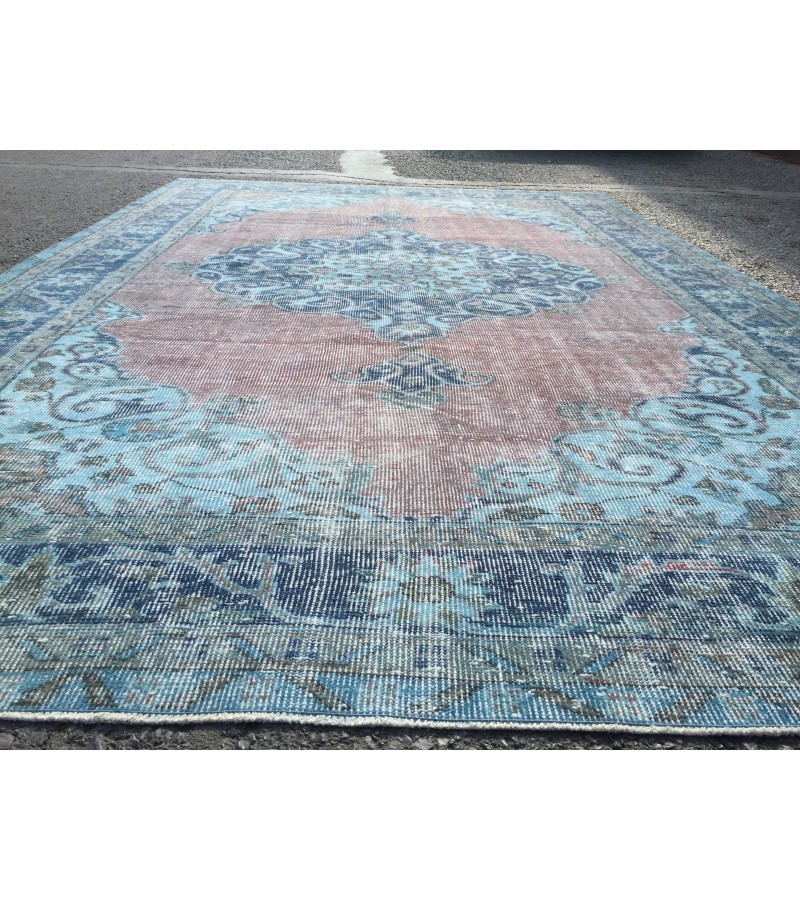 oushak rug 7x10, red blue handmade vintage turkish area rug, 6'7 X 9'10 wool rug