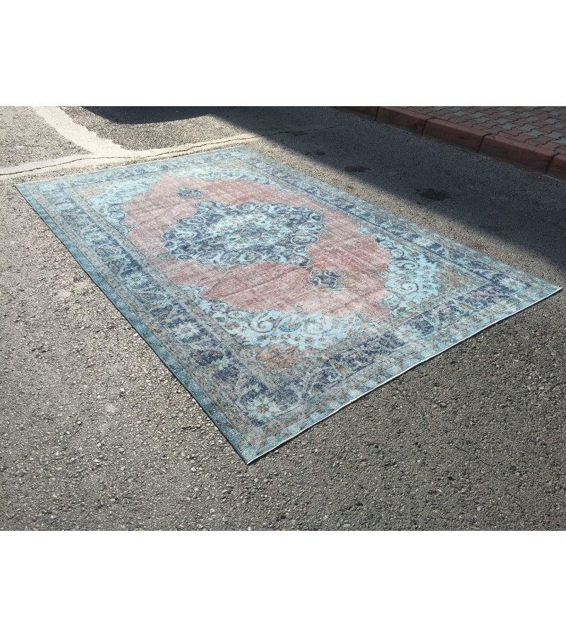 oushak rug 7x10, red blue handmade vintage turkish area rug, 6'7 X 9'10 wool rug