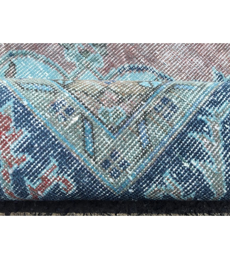 oushak rug 7x10, red blue handmade vintage turkish area rug, 6'7 X 9'10 wool rug