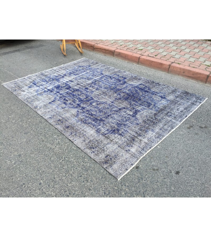 6x9 vintage area rug, distressed grey blue Rug , 6'2 X 8'9 Handmade Rug
