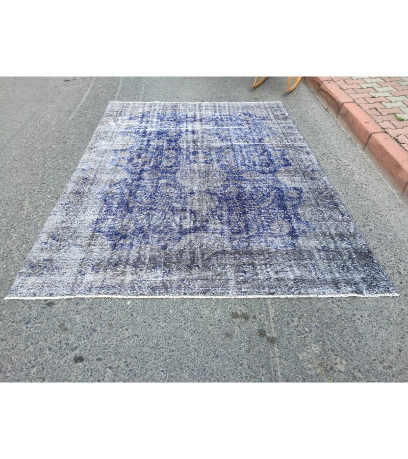 6x9 vintage area rug, distressed grey blue Rug , 6'2 X 8'9 Handmade Rug