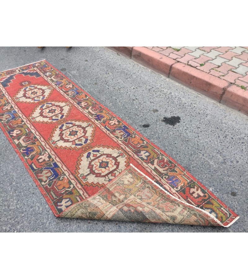 3x9 Turkish corridor rug, wool red runner , 2'10 X 9'1 Handmade Runner