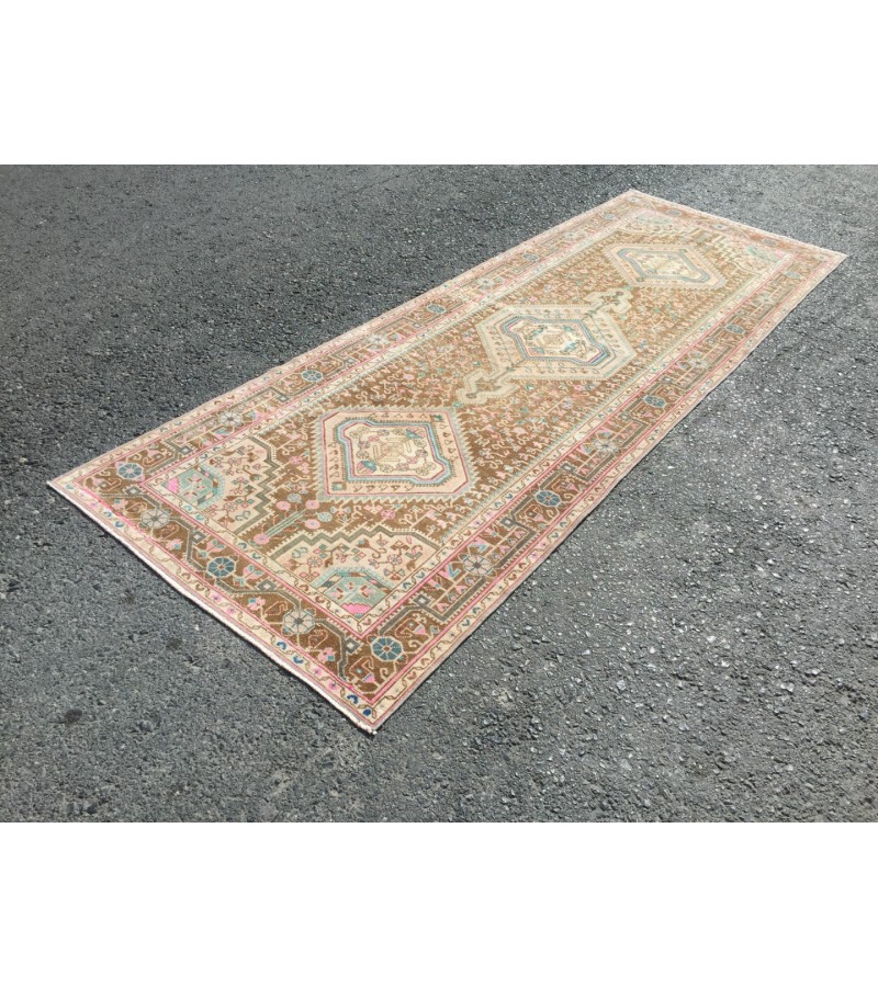 Wonderfull woven runner 3.5x10 ,brown pink Runner rug , turkish oushak runner , 3'5 X 10' vintage long rug