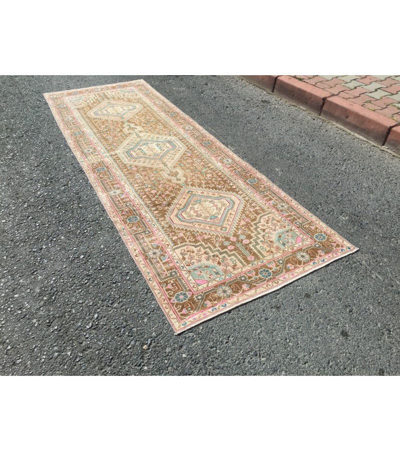 Wonderfull woven runner 3.5x10 ,brown pink Runner rug , turkish oushak runner , 3'5 X 10' vintage long rug