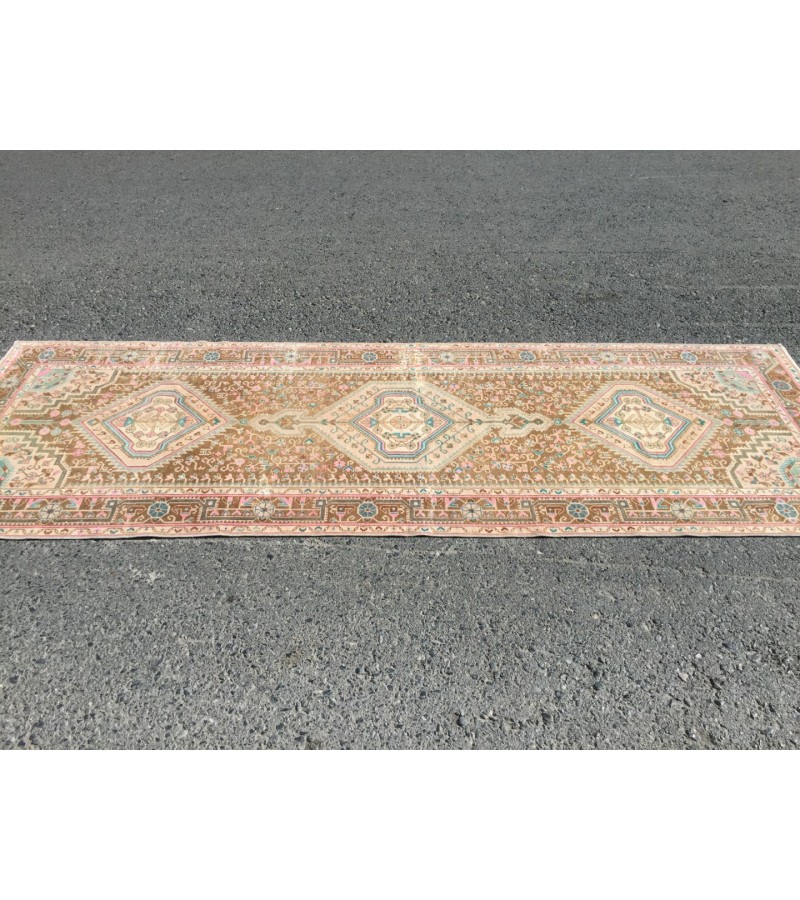 Wonderfull woven runner 3.5x10 ,brown pink Runner rug , turkish oushak runner , 3'5 X 10' vintage long rug