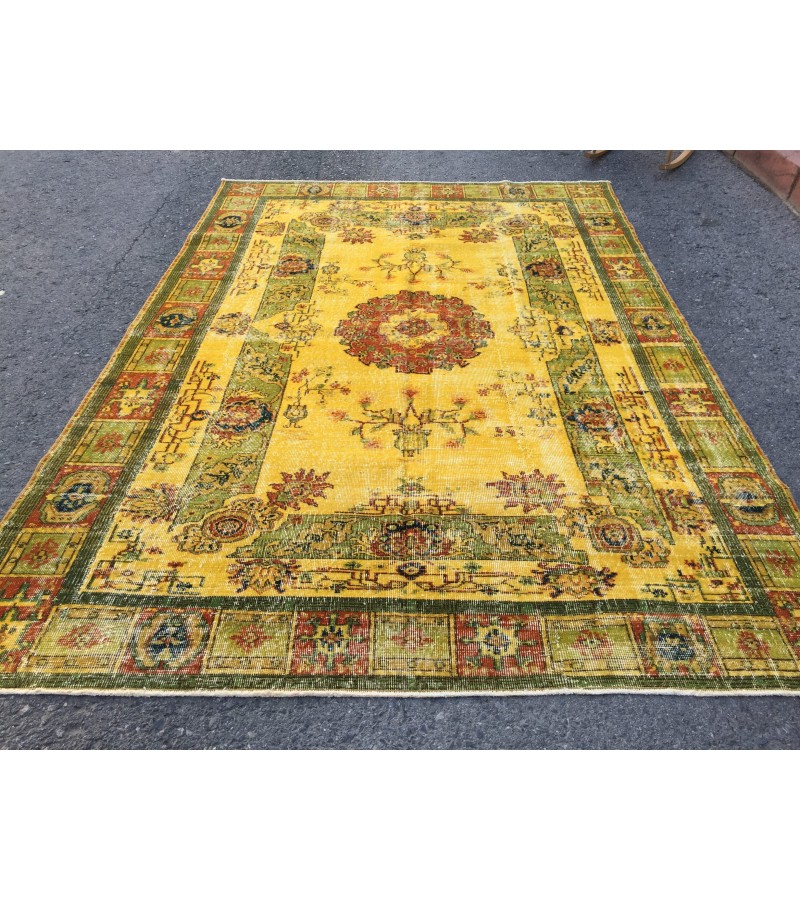 6x10 rustic yellow rug, hand woven rug, yellow green rug, 6'5 X 9'6 boho vintage rug