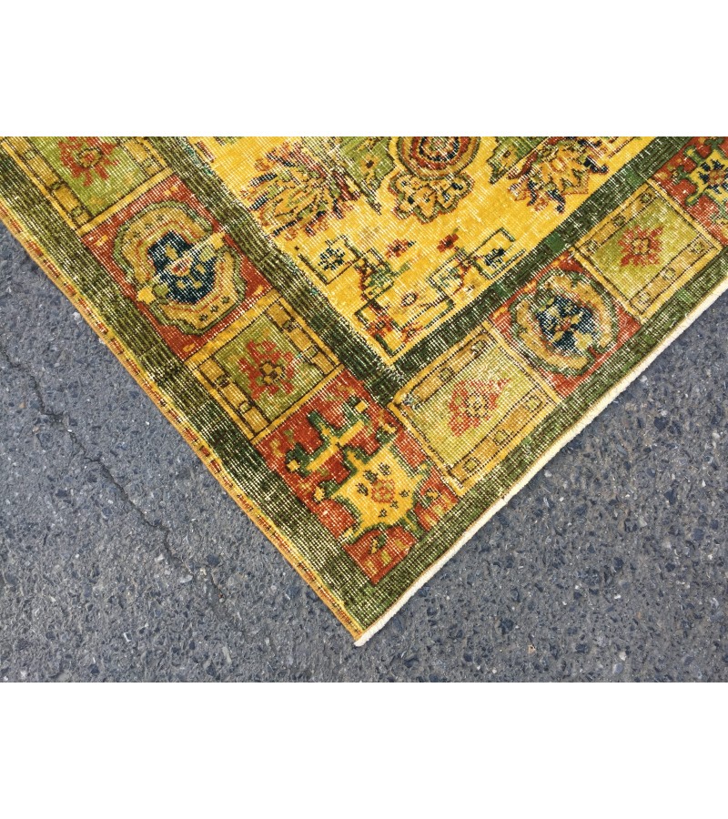 6x10 rustic yellow rug, hand woven rug, yellow green rug, 6'5 X 9'6 boho vintage rug