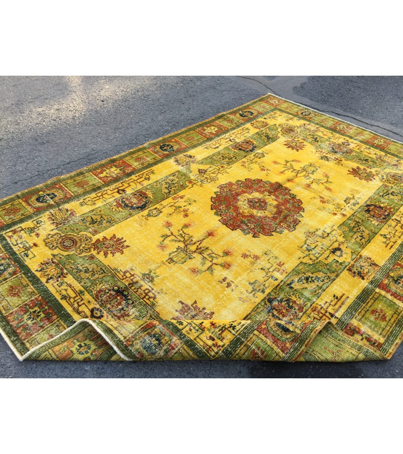 6x10 rustic yellow rug, hand woven rug, yellow green rug, 6'5 X 9'6 boho vintage rug