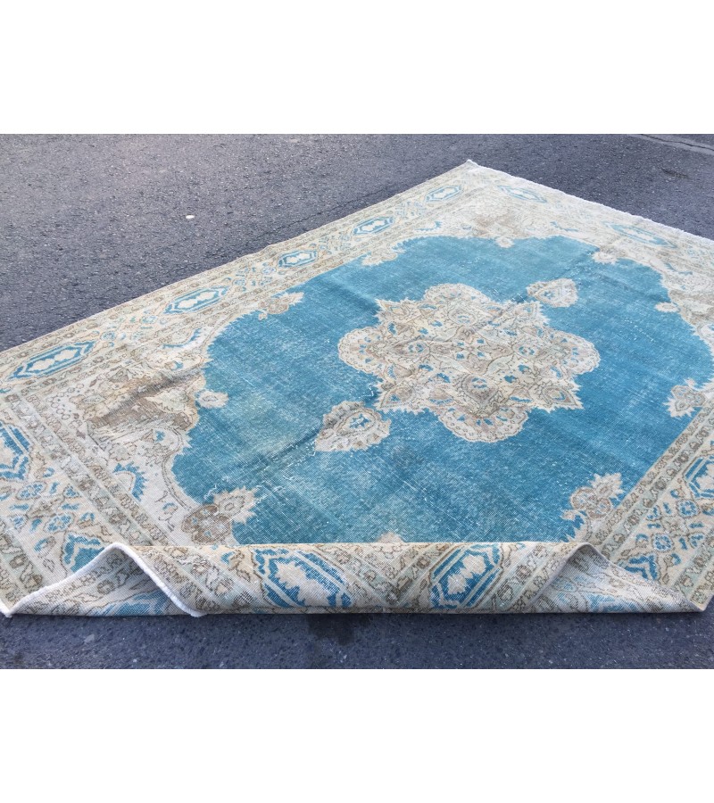 7x10 blue beige rug, rug for living room , Turkish rug, Oriental rug, 6'10 X 10'1 Handmade rug ,distressed rug