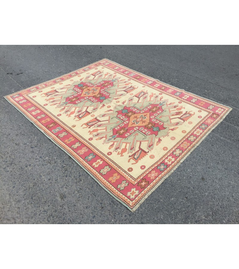 6x7 abstract area rug, beige pink rug, 5'9 X 7'1 bedroom rug, rug, geometric wool rug