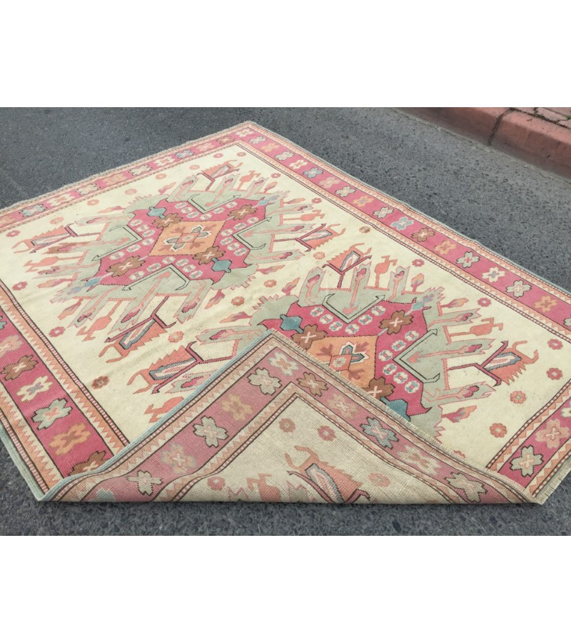 6x7 abstract area rug, beige pink rug, 5'9 X 7'1 bedroom rug, rug, geometric wool rug