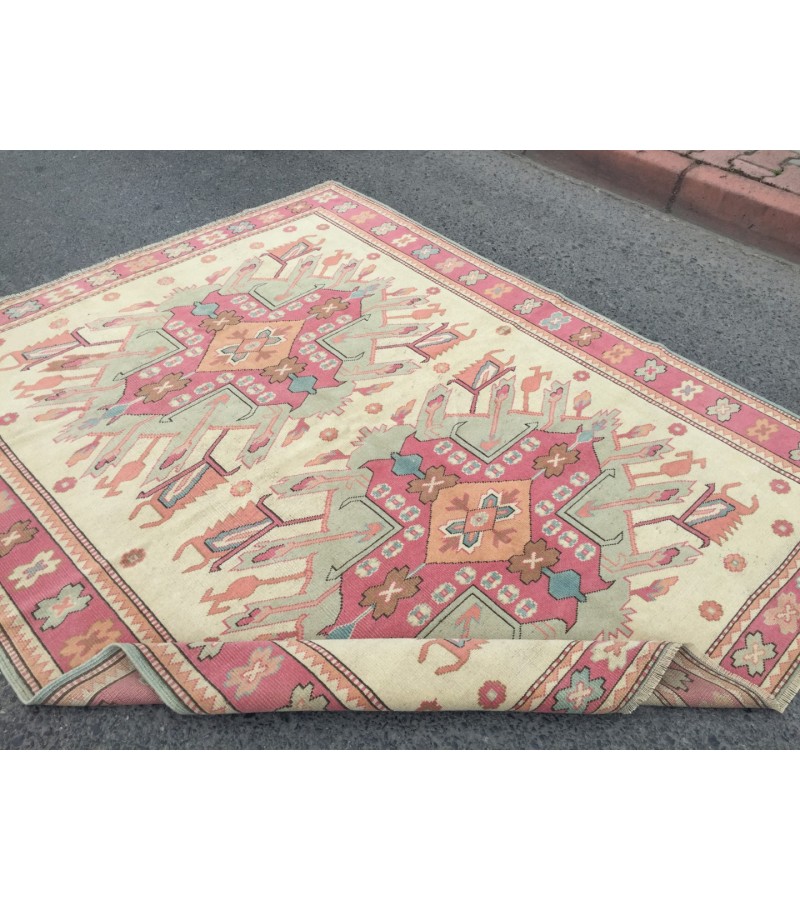 6x7 abstract area rug, beige pink rug, 5'9 X 7'1 bedroom rug, rug, geometric wool rug