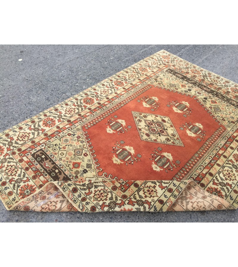 5x7 wool woven rug, geometric vintage rug , Turkish rug , handmade rug, 5'1 X 7'4 red beige rug