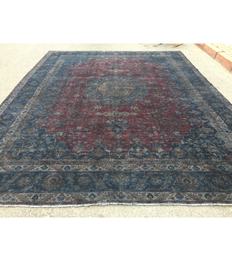 10x13 retro handmade rug, dark red blue rug, rug for living room, 9'7 X 12'6 Area Rug