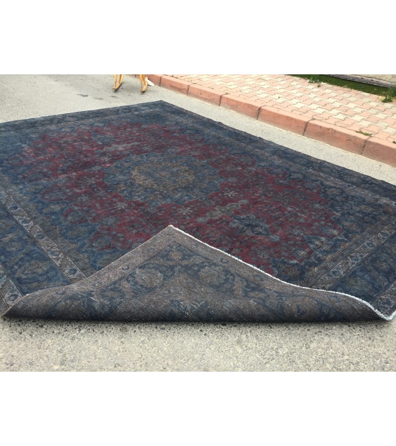 10x13 retro handmade rug, dark red blue rug, rug for living room, 9'7 X 12'6 Area Rug