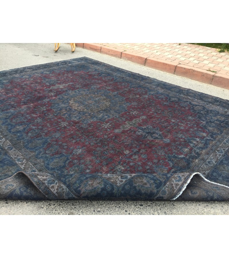 10x13 retro handmade rug, dark red blue rug, rug for living room, 9'7 X 12'6 Area Rug