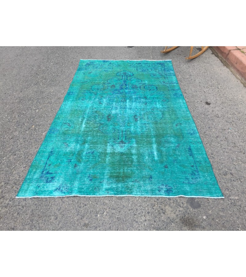 4x7 green blue kitchen rug, geometric rug, , retro rug, 4'2 X 7'3 woven rug